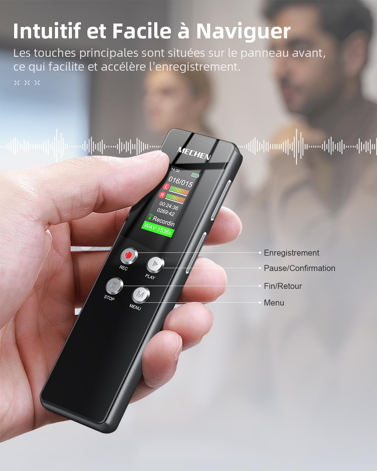 MECHEN V01 Dictaphone 128 Go enregistreur vocal VOX réduction bruit 300 mAh