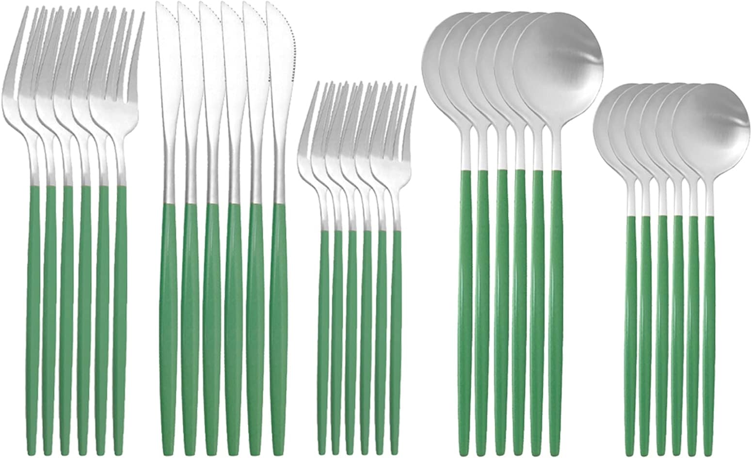 Silver Silverware Set Flatware, 30 Pcs Satin Finish Stainless Steel Flatware Set For 6, Include Fork Spoon Knife, Utensils for Daily Use and Party, Anti Rust, Dishwasher Safe, Green Handle