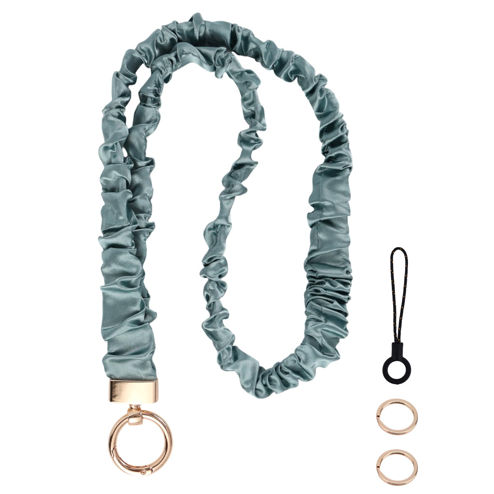 Fukaisu Stretchy Scrunchie Lanyard, Cute Elastic Neck Lanyard with 2 Rings & Phone Strap for Nurse Women & Teachers Retractable Keychain Holder for ID Badge Gifts Decorations Accessories (Green)