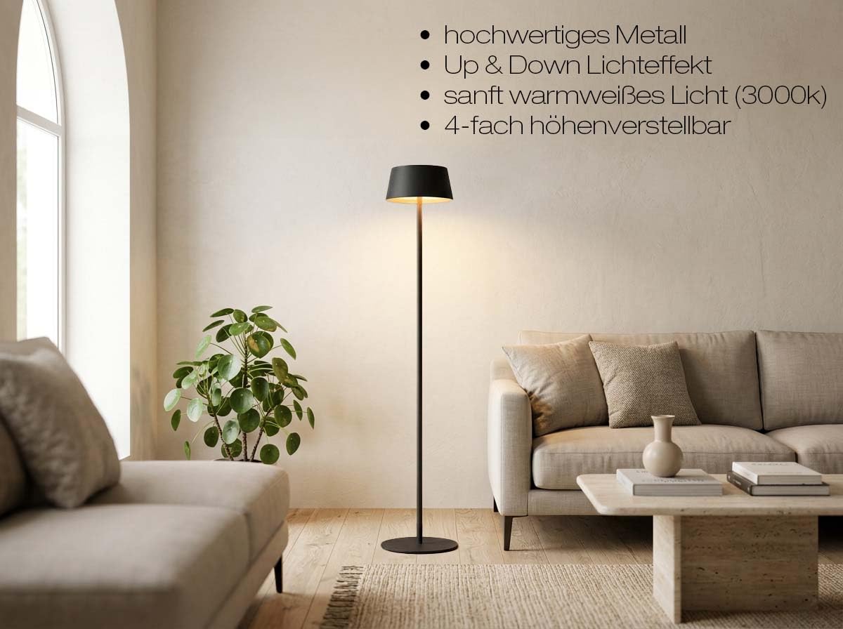 Northpoint Akku LED Stehleuchte dimmbar kabellos höhenverstellbar 120cm warmweiß Stehlampe Metall Schwarz