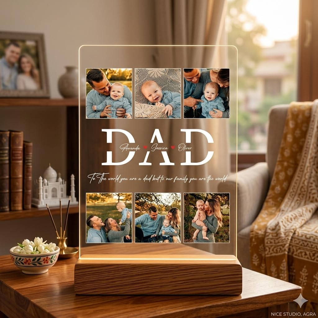 Personalised LED Acrylic Plaque for Dad, Custom Photo Collage, Wooden Base 1