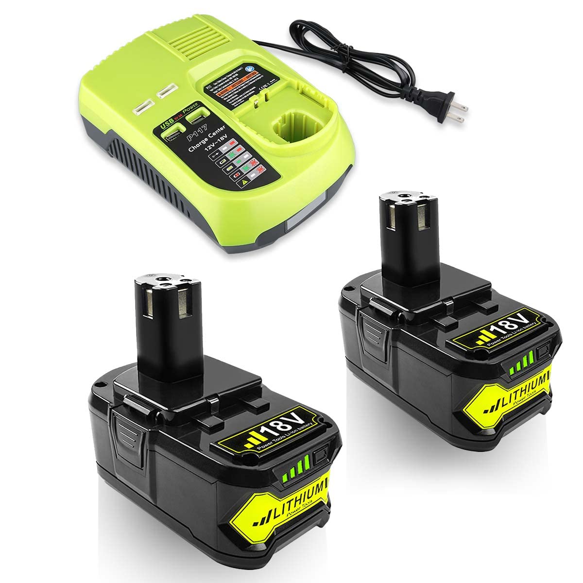 2Packs 6.5Ah High Capacity P108 Replacement for Ryobi 18V Lithium Ion Battery and P117 Charger for 9