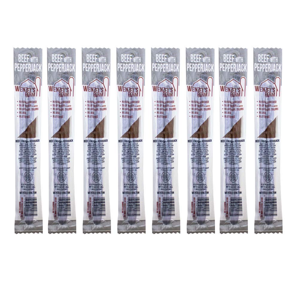Wenzel's FarmBeef with Pepperjack Sticks │Snack Sticks │ Flavorful, Naturally Smoked │ High Protein, Low Carb │ No MSG, Fillers, Binders, Artificial Colors │ Gluten Free | 16 sticks (8 packs of 2)