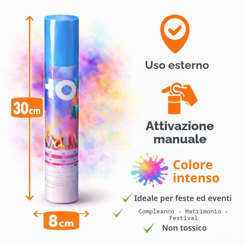 ZENDA CLUB® Set di 7 Cannoni per Polvere Holi – 7 Colori Intensi – Bianco, Rosa, Verde, Arancione, Giallo, Blu, Viola – Cannone Holi Non Tossico – Effetto Festa & Festival – Uso Esterno – 30 cm