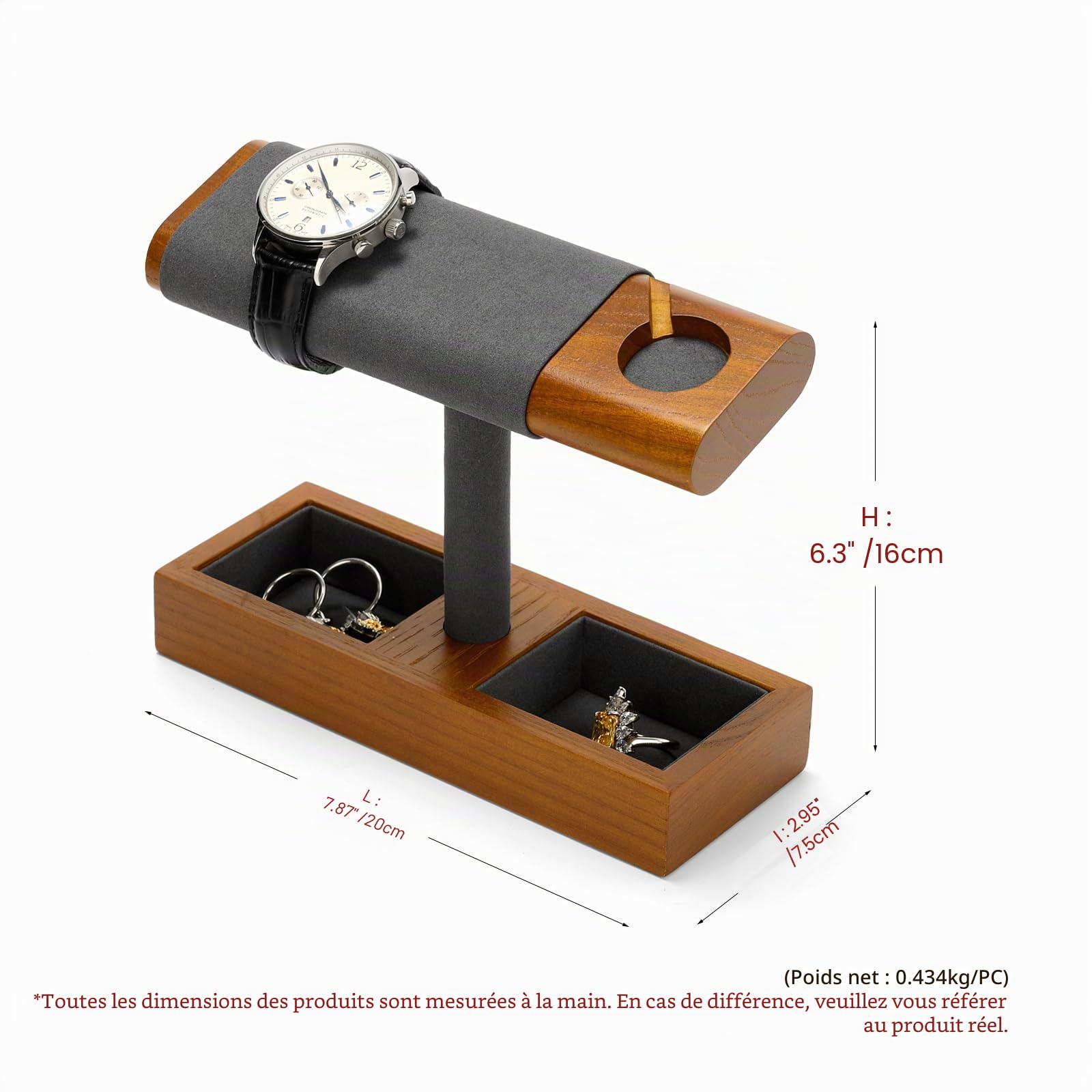 Oirlv Multifonctionnel Bois Massif Support Montre,Porte Montre,Watch Stand Avec de Chargement,Porte Bracelet(Gris Foncé)