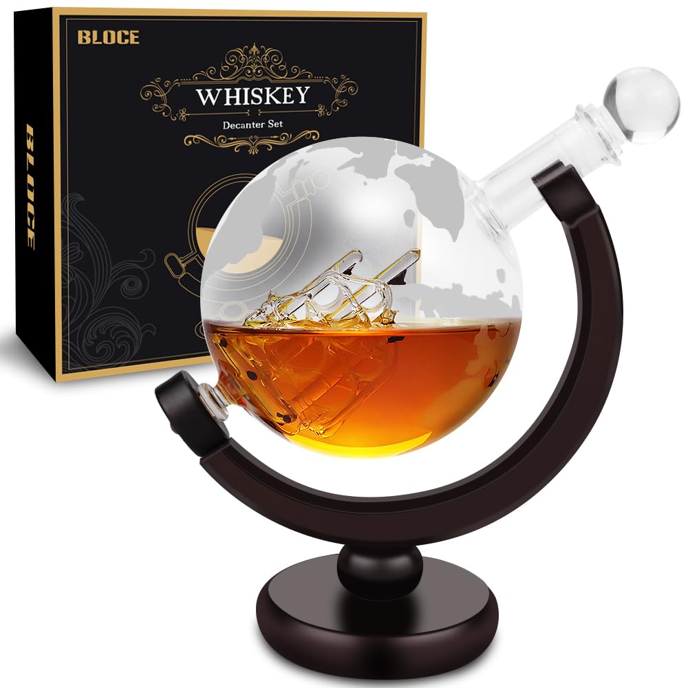 Whiskey Decanter Sets for Men, Etched World Globe Whiskey Gifts, Home Bar Accessories for All Kinds of Alcohol Drinks and Vodka
