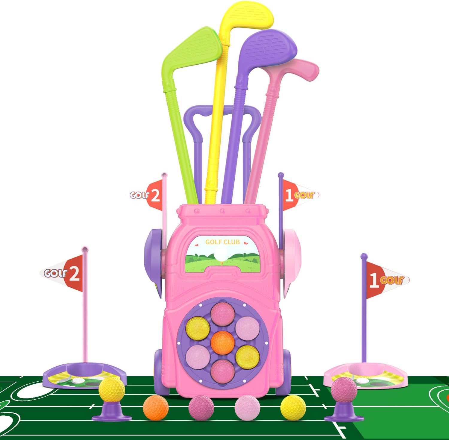 Kids Golf Toy Set for Toddlers Ages 3-5 – Preschool Sports Toys with Golf Cart, Putting Mat, 4 Clubs, 7 Balls & 2 Holes – Indoor Outdoor Learning Gift for Boys & Girls