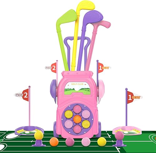 Juego de juguetes de golf para niños de 3 a 5 años  Juguetes deportivos preescolares con carrito de golf, tapete de putt, 4 palos, 7 pelotas y 2