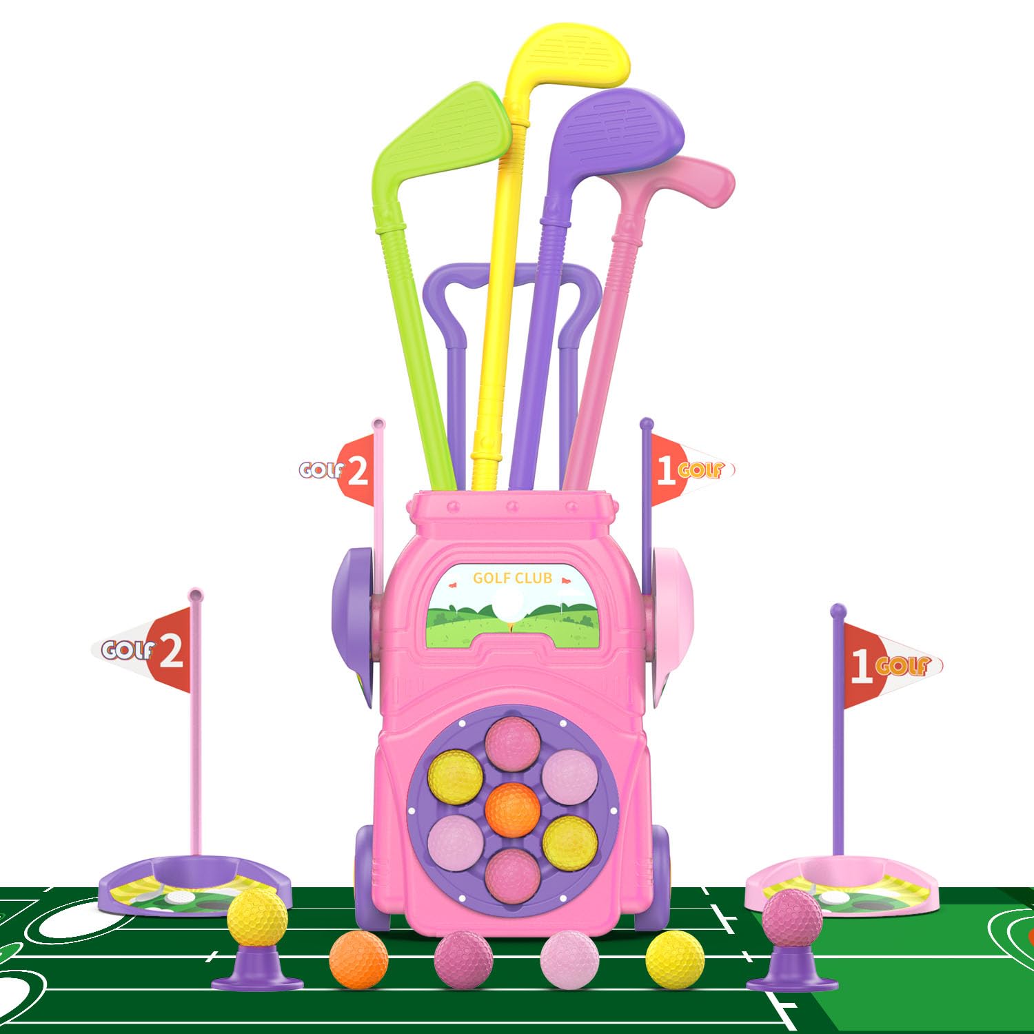 EveStone Kids Golf Toy Set for Toddlers Ages 3-5 – Preschool Sports Toys with Golf Cart, Putting Mat, 4 Clubs, 7 Balls & 2 Holes – Indoor Outdoor