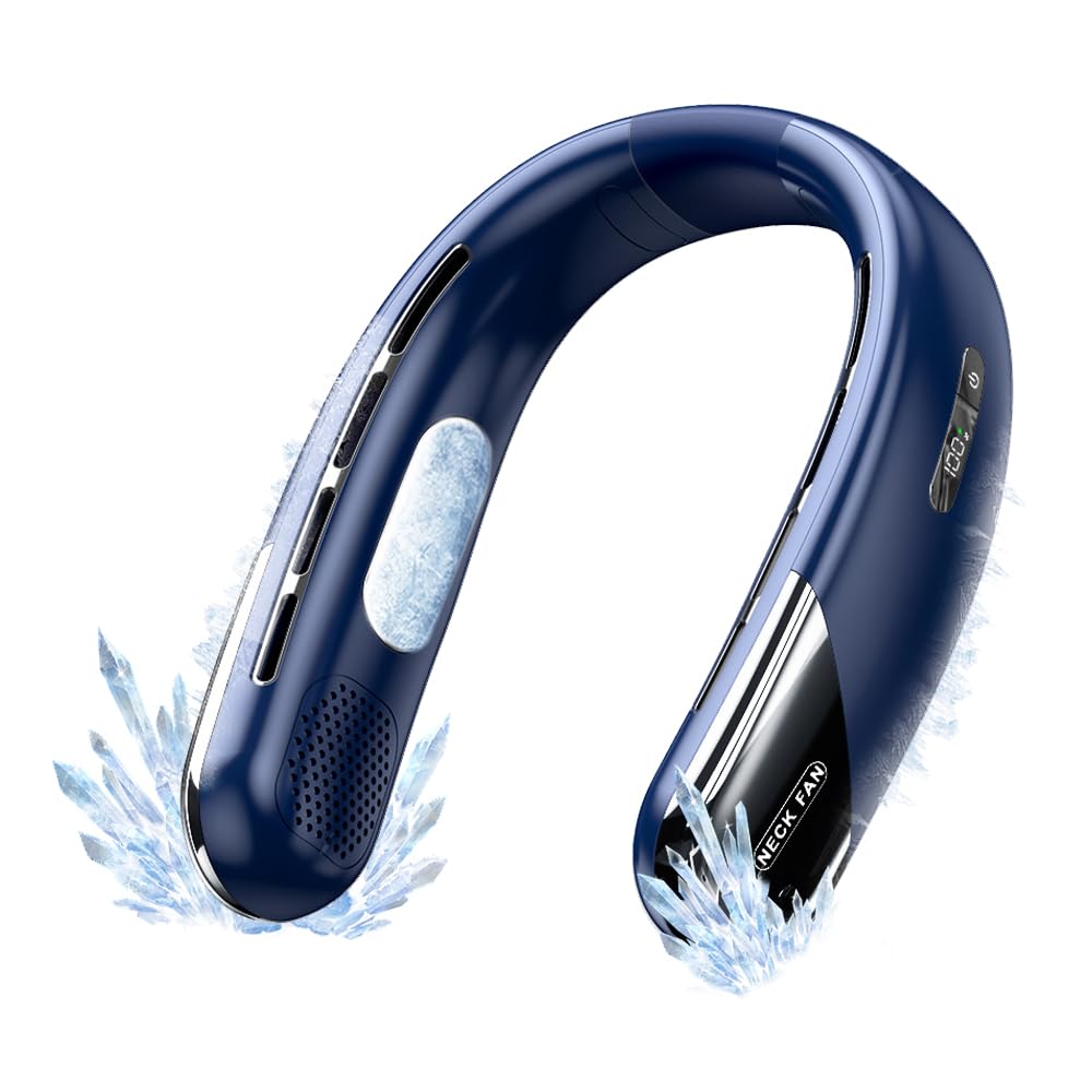 Portable Neck Fan, 3000mAh Neck Fans for Women Rechargeable, 360 Degrees Airflow Neck Fans USB Rechargeable, 5-Speed Air Hanging Bladeless Fan, Wearable Fan for Travel, Outdoor, Home, Office (Blue)