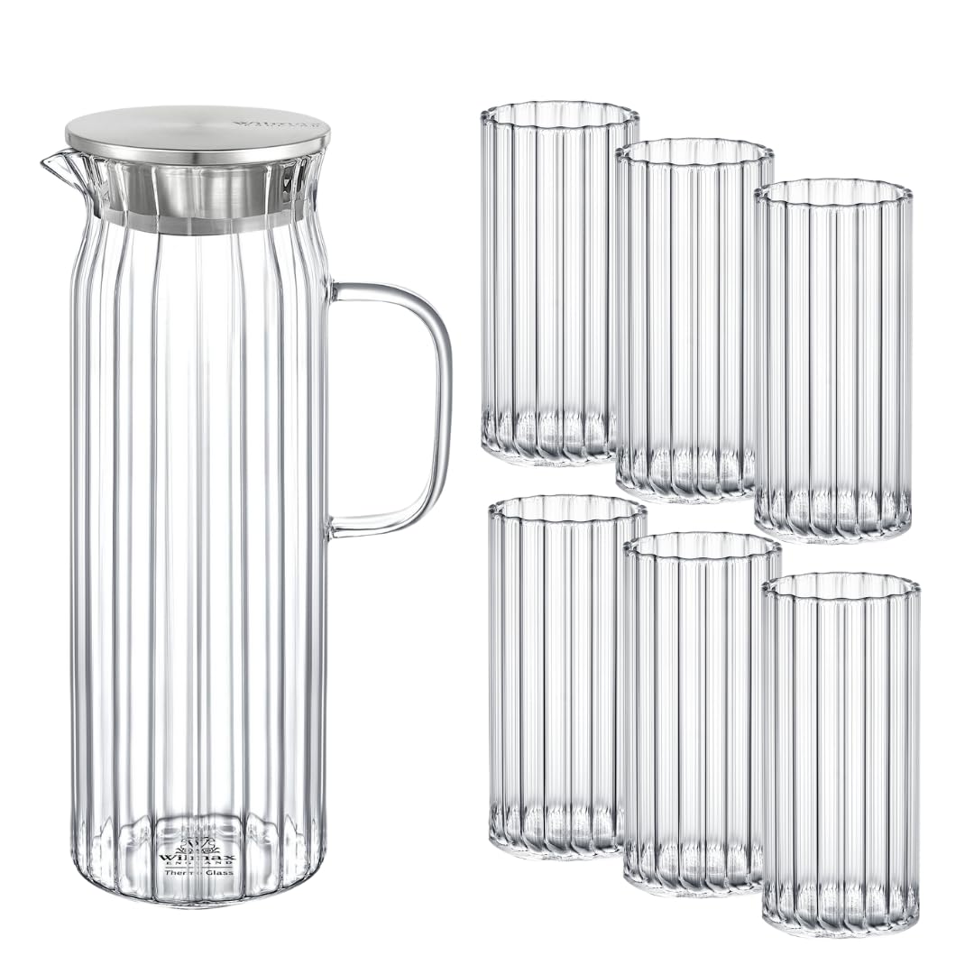 Wilmax | Glaskaraffe 1,5L mit 6 Wassergläser 300ml im Set | Deckel aus Edelstahl | Wasserkaraffe aus geriffeltem Glas | Wasserkrug für Saft, Wasser, Eistee, Milch | Glaskaraffe | Wasserkanne