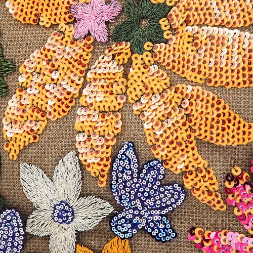 Image of Rattan Wood Handle Sequin Embroidered Floral Beach Bag Tote for Vacation and Wedding Party