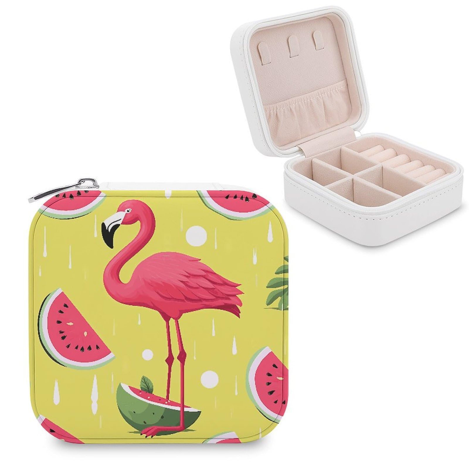 FekiLoot Pink Flamingo And Watermelon Jewelry Box Custom Jewelry Travel Case Pu Leather Trinket Organizer Box to Organize Ring Pendant Earring Small Portable Jewelry Storage Holder for Women