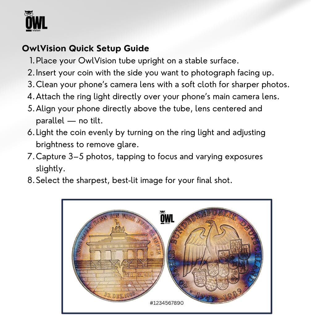 OwlVision Coin Photography Kit – Imaging Tube & Ring Light for Coins, Tokens & Collectibles – Studio-Quality Coin Photos with iPhone or Android for Coin Collectors & Numismatists