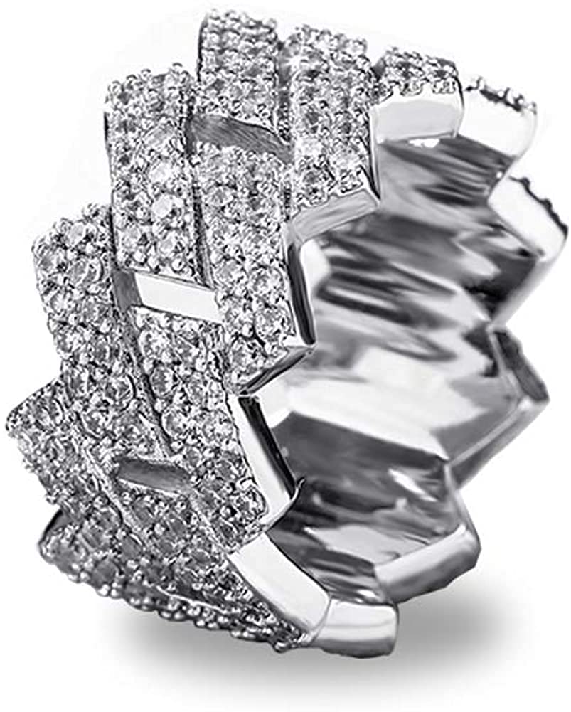 Apzzic 13mm Cuban Link Ring Bling Iced Out 2 Row CZ Diamond Hip Hop Engagement Band Ring for Women Men