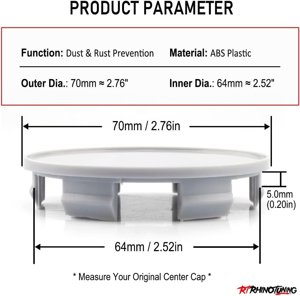 RTrhinoTuning 4pcs 70mm/64mm Wheel Center Caps Compatible with Element/Odyssey Alloy 5 Spoke Accord/CR-V Wheel OD:70mm/2.76",ID: 64mm/2.52" Rim Cap Gray Base