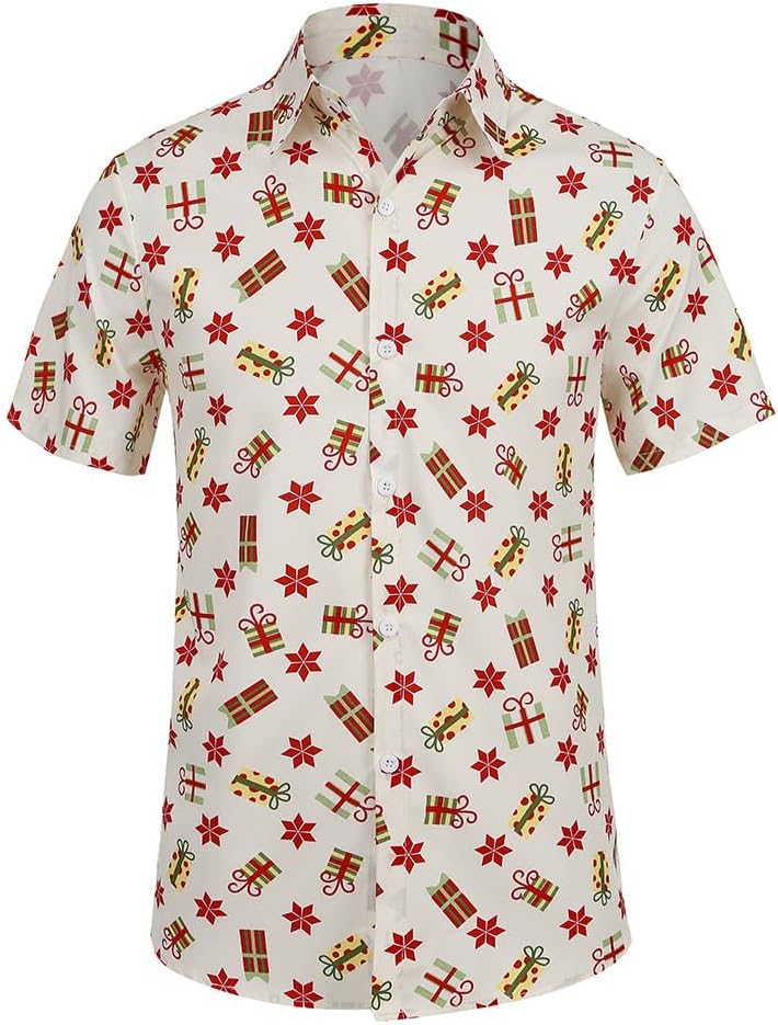 yolsun Christmas Shirt for Men Casual Button Down Short Sleeve Hawaiian Shirt(Chritmas Present White,L