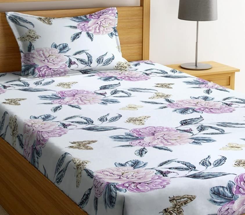 Image of NHD HOME Premium Glace Cotton 180 TC Flat Single Bedsheets for Summer Breathable | Wrinklefree (Size-60 X 90 Inch) with 1 Pillow Covers (Size-17 X 27 Inches, Floral, White & Pink)
