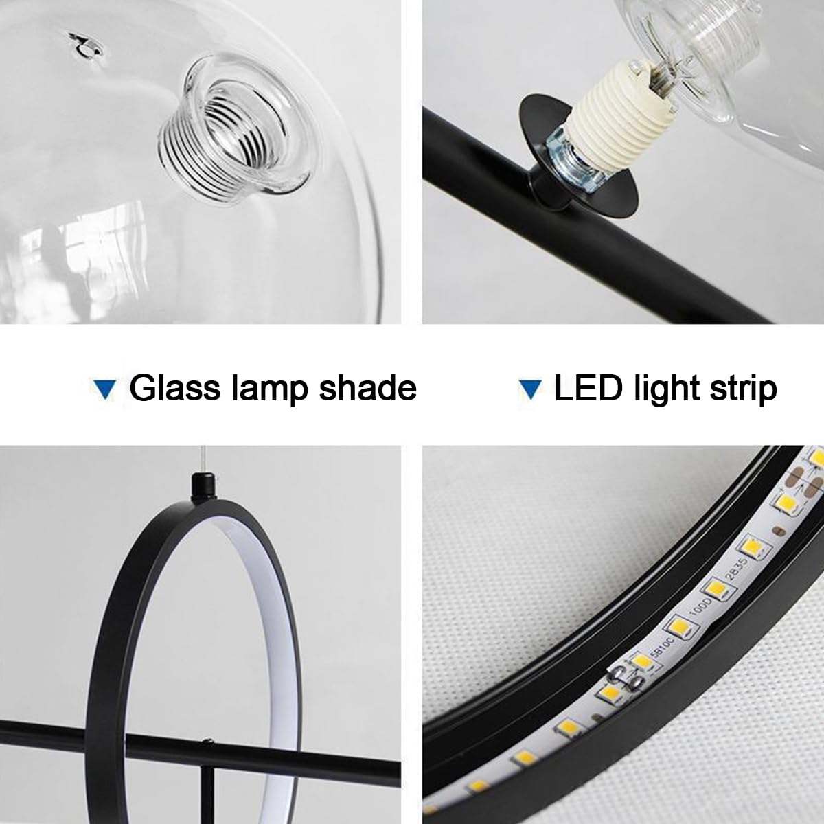 Nowoczesna lampa wisząca LED z 6 światłami, czarna liniowa lampa do kuchni lub salonu, przezroczysta szklana kula.
