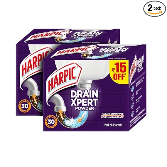 Harpic Drain Xpert Drain Cleaning Powder (50g x 8) | Removes Blockages in Pipes, Sinks & Septic Tanks| Works within 30 minutes | Melts Grease & Dissolves Hair (Pack of 2)