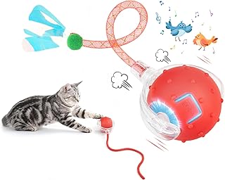 EXTFANS Electric Cat Ball with 2 Tail Ropes - Electric Cat Toy Ball, Interactive Cat Toy with 4 Modes & Bird Voices, 360° Power Ball & USB Charge, with LED Lights (Red) product image