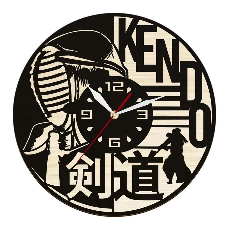 qeznef Modern Japanese Martial Art Kendo Wall Clock Made of Natural Wood Swordsmanship Kenjutsu Artwork Decorative Clock