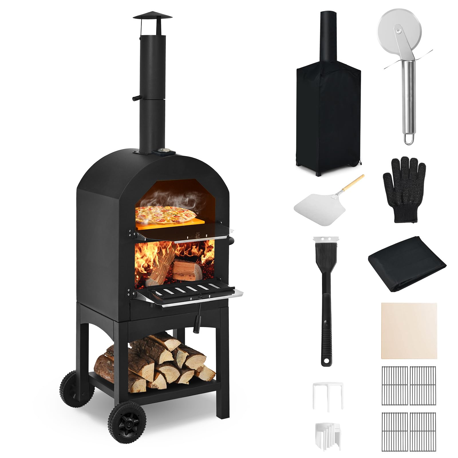 Happygrill outdoor wood-fired pizza oven with wheels, shelves, cover, and accessories