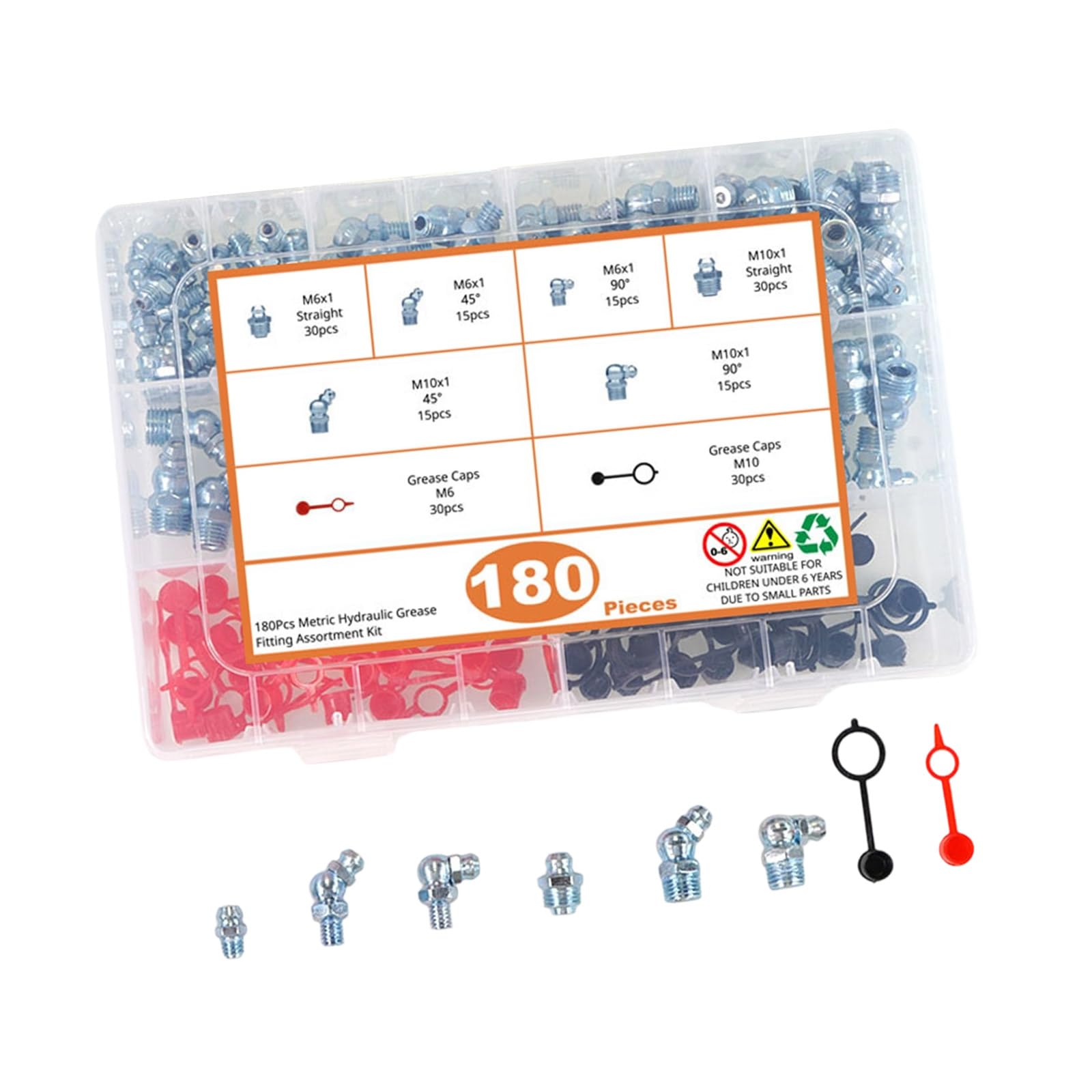 Hsioluted B 180Pcs Carbon Steel Thread Straight 90 Degree Angled Grease Nipple Fittings Set Nipple Hydraulic Fitting Cap Carbon Steel Grease Nipples