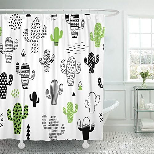 TOMPOP Shower Curtain Black Desert Cute Hand Drawn with Cactus Hipster Geometric Waterproof Polyester Fabric 72 x 72 inches Set with Hooks