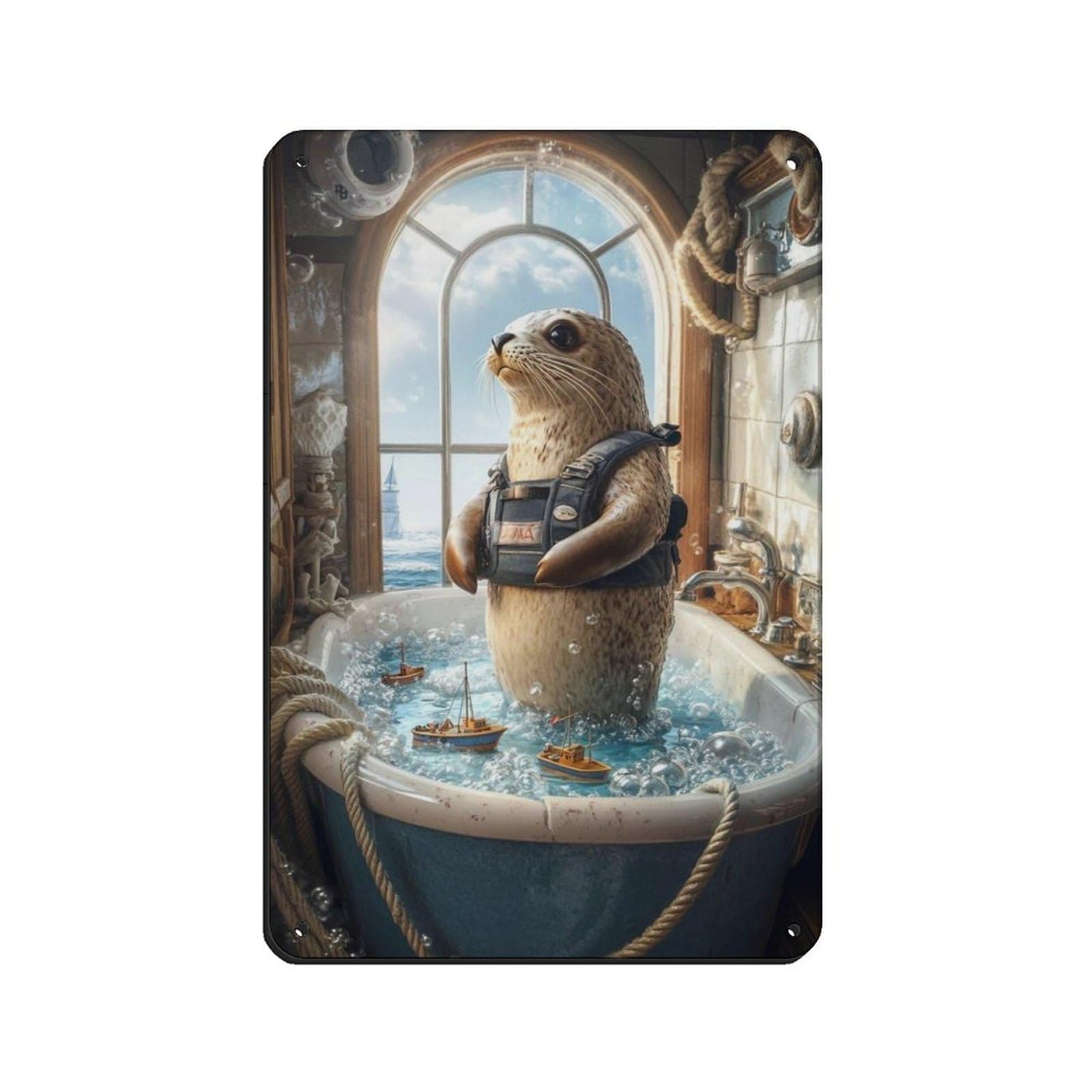 Adorable Ocean-themed,Cute Seal in Bathtub Tin Sign Vintage Metal Pub Club Cafe Bar Home Wall Art Decoration Poster Retro 8x12inch(20x30cm)