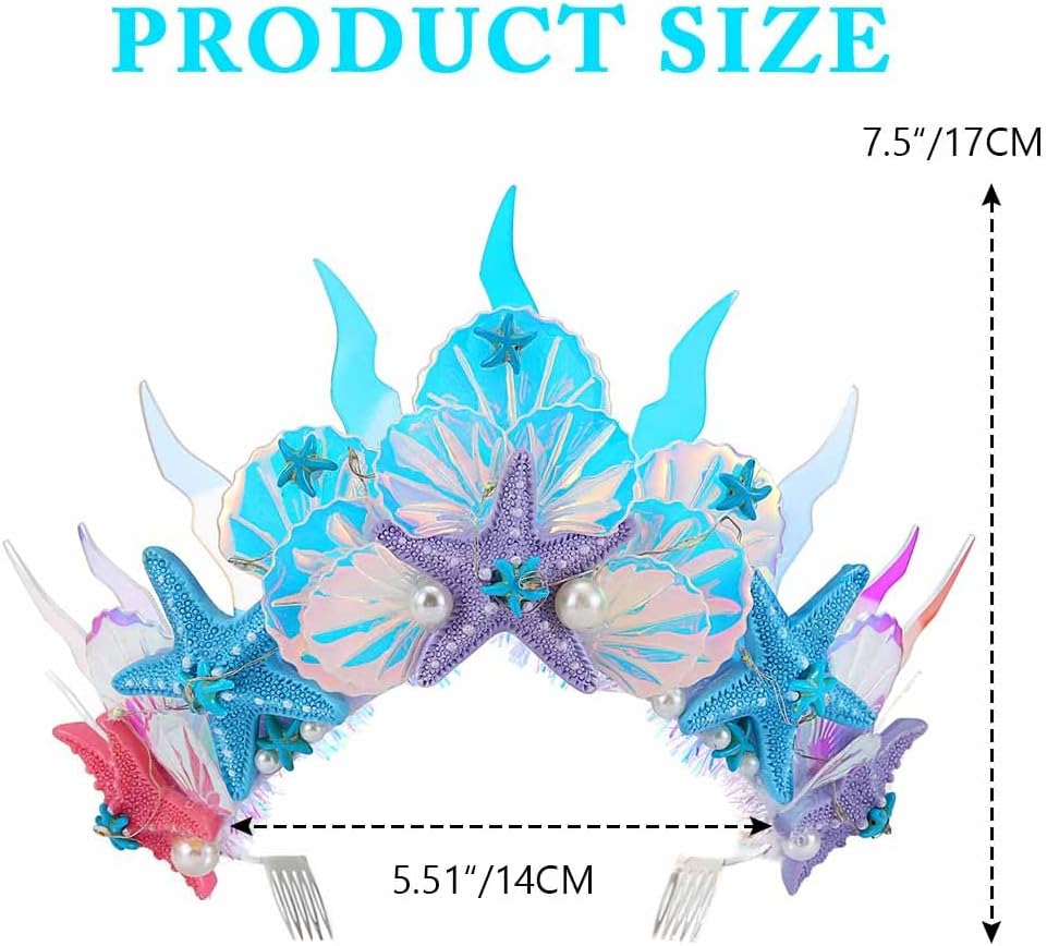 DRESBE Light Up Starfish Tiara and Crown LED Seashell Headband Beach Mermaid Hair Accessories for Women - Image 4