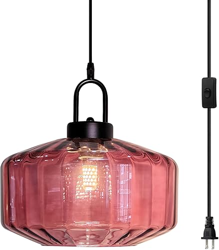 Lámpara colgante de cristal con enchufe de mediados de siglo, moderna lámpara colgante de pantalla de vidrio a rayas moradas con cable de enchufe de