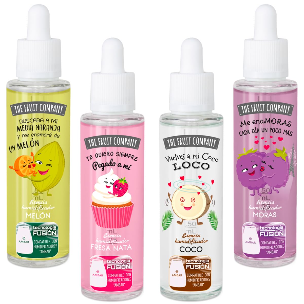 The Fruit Company Pack 4 uds de 50ml Esencia Hidrosoluble Coco, Moras, Melón y Fresa Nata Aromaterapia Humidificador Para el Hogar