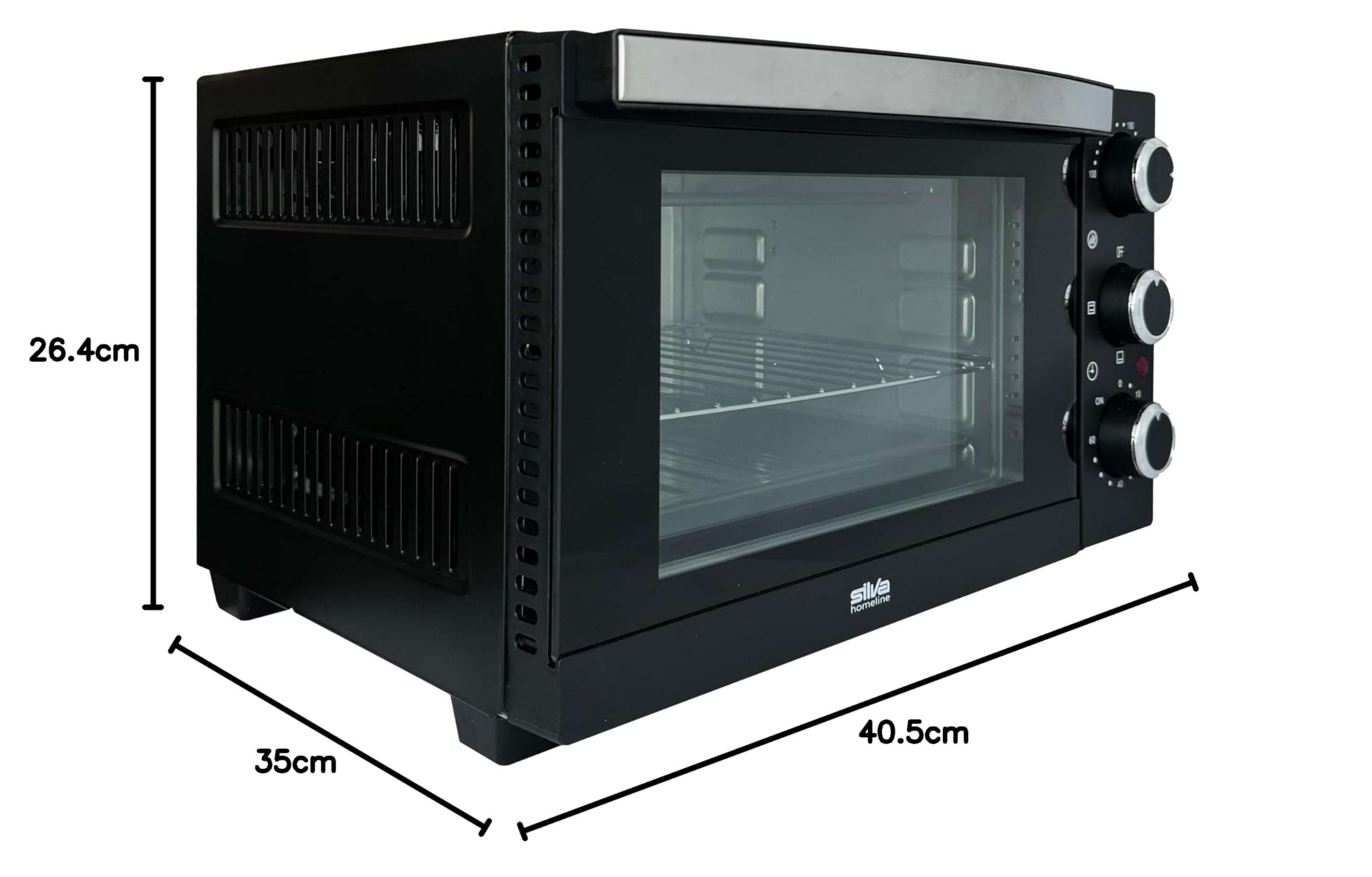 Silva Schneider MB 1600 Minibackofen, 15 L, schwarz, 1200 Watt, Temperaturr. 100-230 °C, Timer, 4 Stufen-Regler, Edelstahlheizelemente, Doppelglastür, emailliertes Back-/Krümelblech, Backrost & Griff