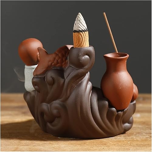 Miniatura 4 de Quemador de incienso en cascada hecho a mano de arena morada, quemador de incienso pequeño monje reflujo de incienso quemador de peces, loto,