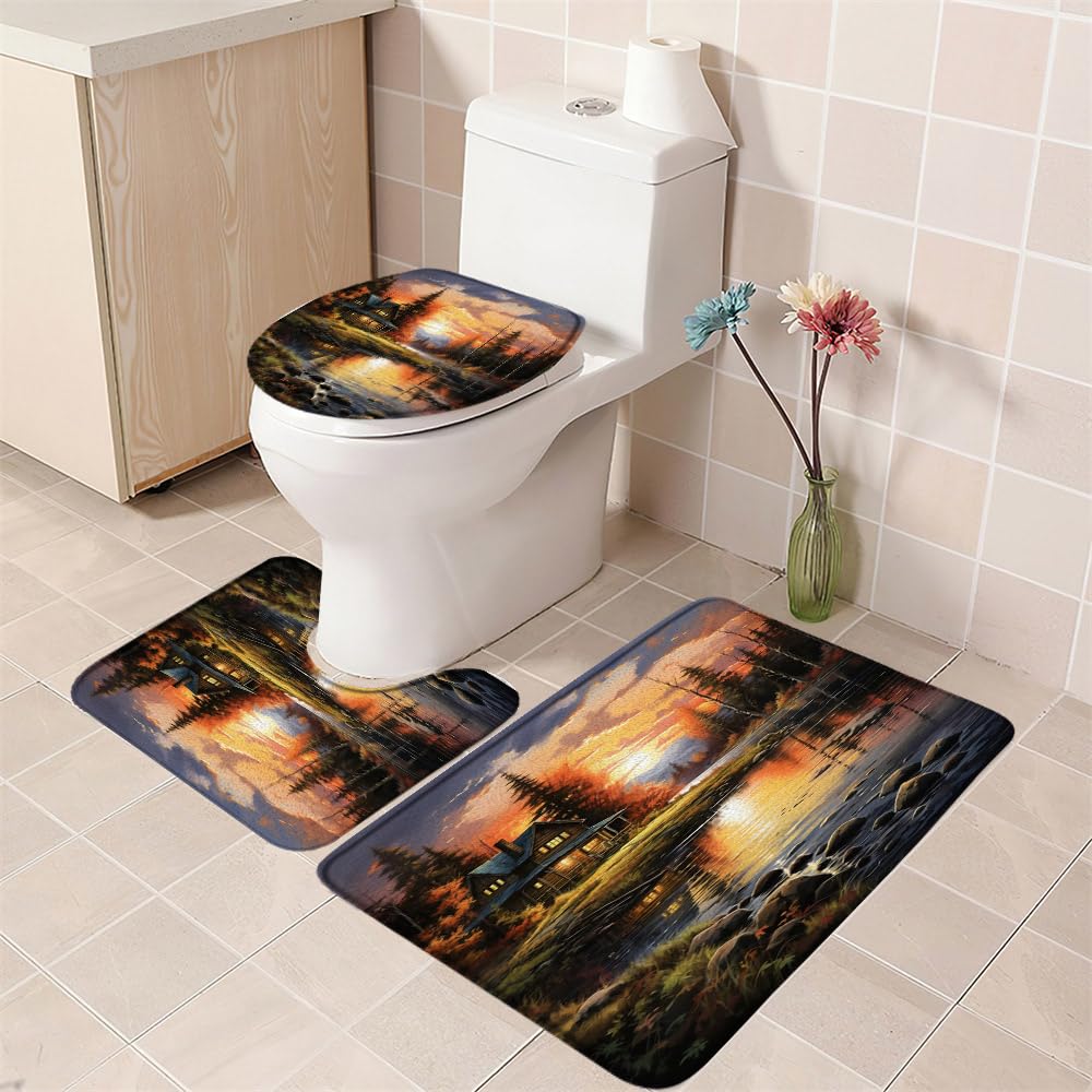 3PCS Retro Lodge Cabin Bath Mat Set Rustic Lake Sunset Mountain Fall Forest Outdoor Country Hunting Bathroom Kitchen Floor Mat Doormat,Toilet Lid Cover and Bath Mat Microfiber Home Decoration Rug