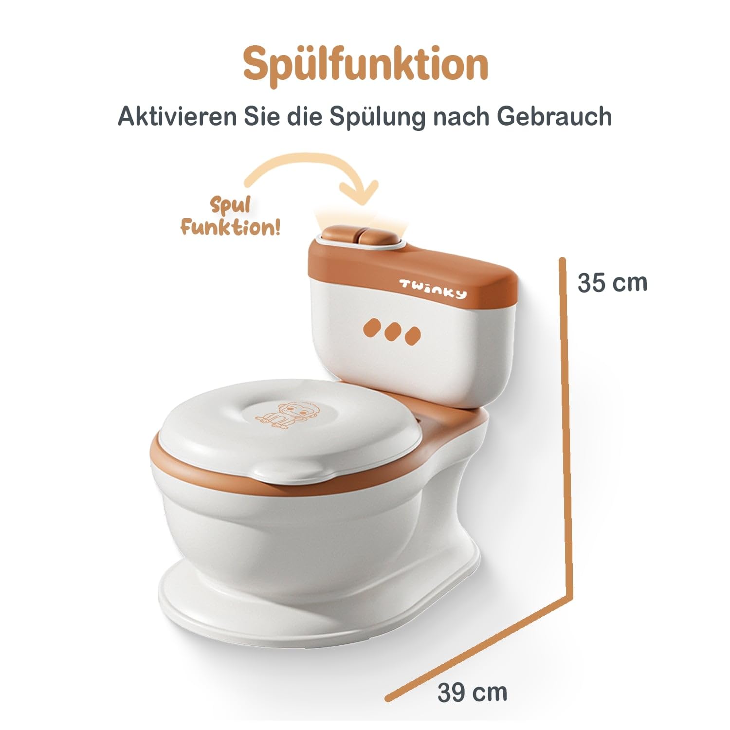 Twinky® Töpfchen für Baby & Kind – 3-in-1 Potty Trainer & Kindertoilette für Baby Toilette Inkl Spülklang, kompaktes Design, Musik und Rollenhalter – perfekter Toilettensitz für Kinder – Braun