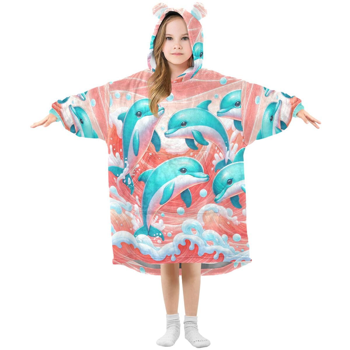 Turkusowy biały delfin dziecięcy koc do noszenia bluza z kapturem oversize bluza koc pulower ocean delfiny dla chłopców i dziewcząt w wieku 3-14 lat