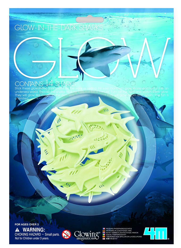 4M Glow-in-the-Dark Sharks – 12-Piece Set of Luminous Shark Wall & Ceiling Stickers – Ocean-Themed Room Decor for Kids Ages 3+ – Glowing Nighttime Fun