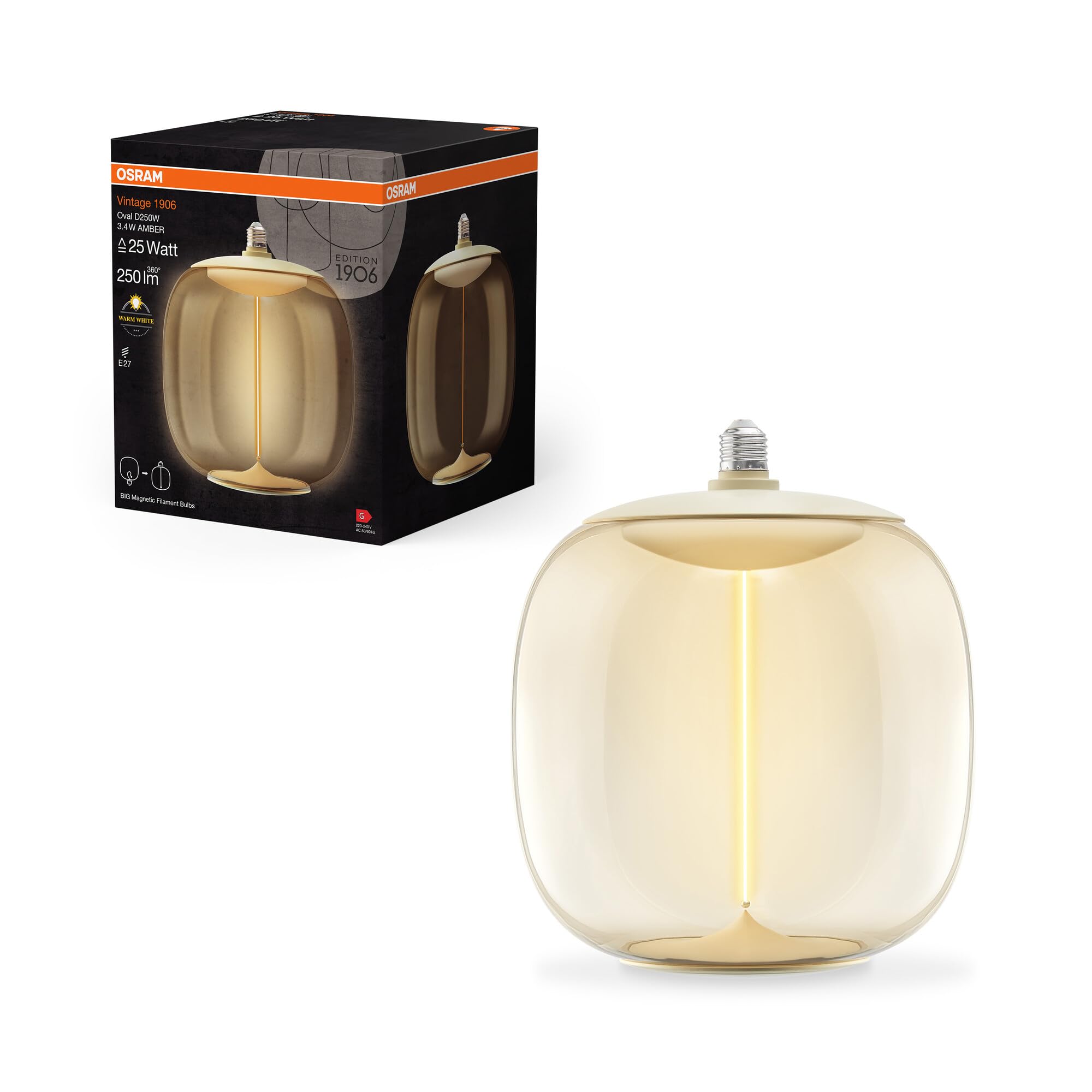 Osram Vintage 1906® Big Oval, dekorative LED Lampe mit bernstein-farbenem Glas, mit neuem, ultraschlankem und magnetischem Filament, E27 Sockel, 3.4 Watt, warmweiß (2700K), geringer Energieverbrauch