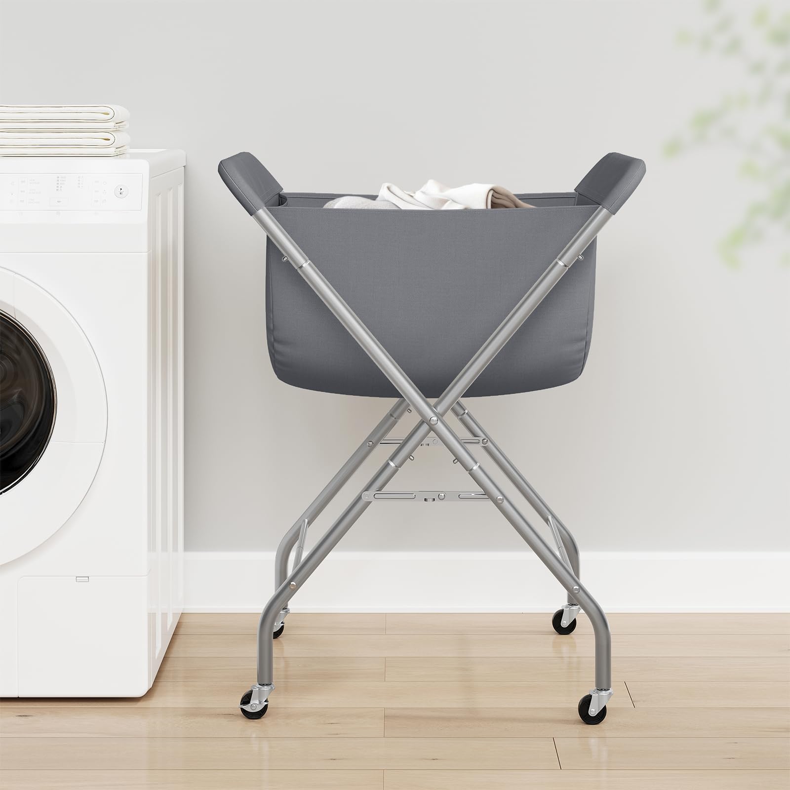 ELYKEN Carrito de lavandería con ruedas, cesta de lavandería fácil de enrollar de 33 pulgadas de alto con bolsa de forro extraíble, cesta de ropa con marco de metal resistente con 4 ruedas y 2 frenos