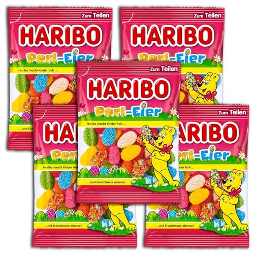 Haribo Perl-Eier Gelee 5 x 200 g Beutel Fruchtige Gelee-Eier mit feinen Zuckerperlen Bunte Nascherei zum Teilen & Verschenken