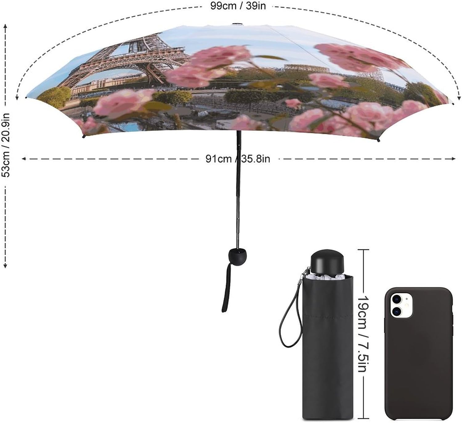 Paris Eiffel Tower with Flowers Umbrella, Strongest Windproof 5-Fold Travel Umbrellas, Premium Portable Folding Umbrella for Rain & Sun, Compact Umbrellas for Purse Backpack, Outdoor & Gifts