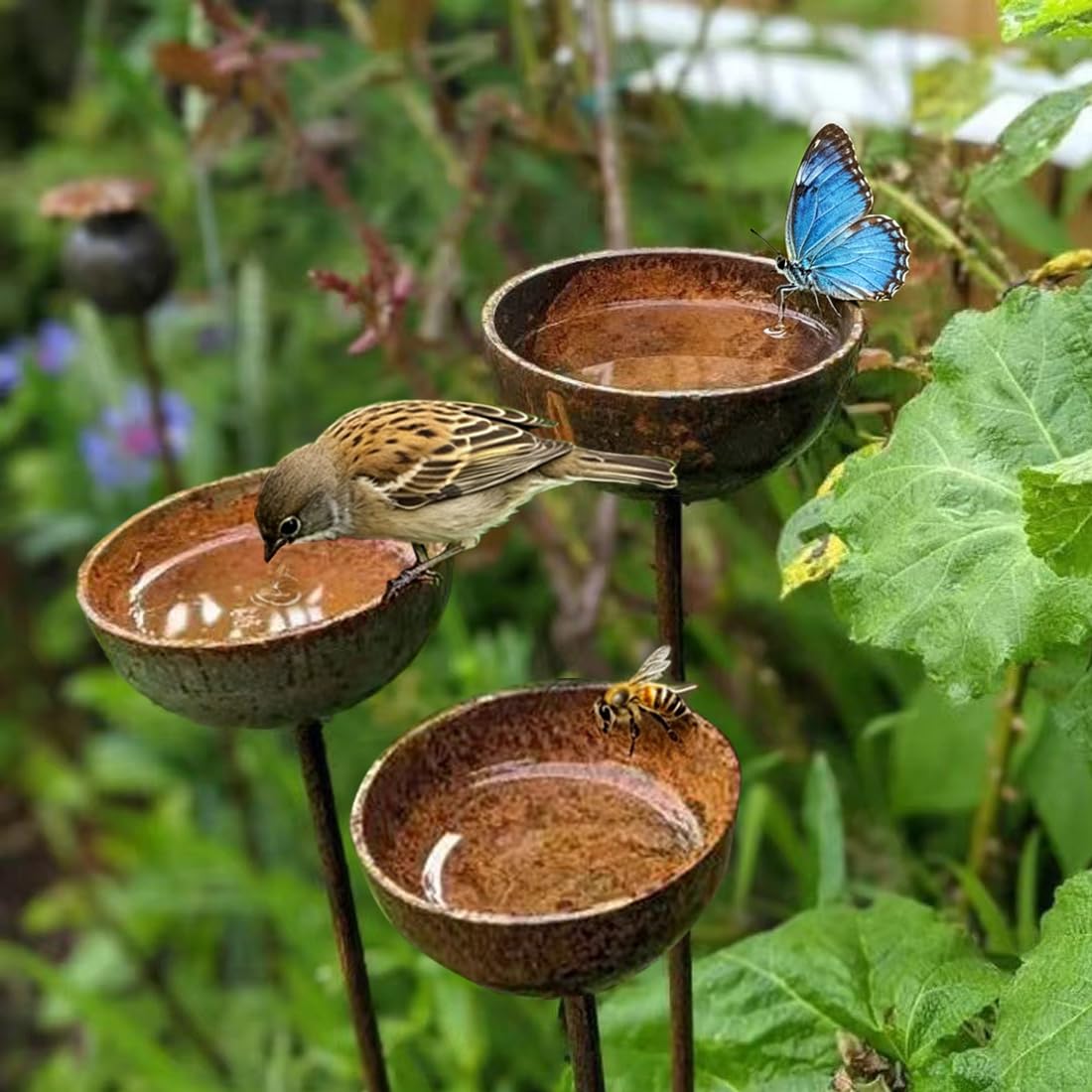 WRQIOO 3Pcs Rain Catchers for Garden, Bee Bath for Garden, Bee Watering Station, Large Cup 10cm Height 60cm, Metal Garden Ornaments,