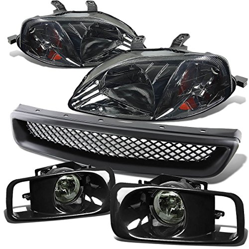 Compatible with Honda Civic Headlight (Smoke)+Bumper Fog Light (Smoke Lens)+Grille6th Generation EJ EM EK D16Facelifted