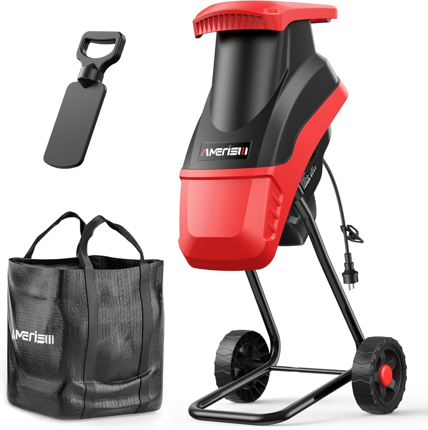 AMERISUN Trituradora eléctrica de madera de 15 A, 4200 rpm, trituradora de hojas con capacidad de rama de 4,4 cm, trituradora de residuos de jardín portátil con bolsa de recogida de 50 L para limpieza