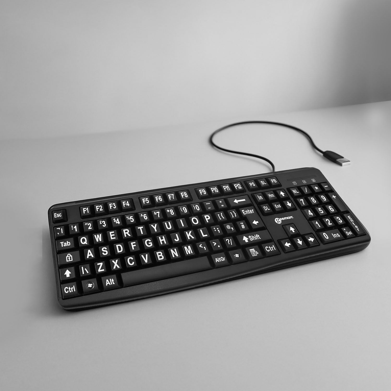 Wired Alphanumeric USB Keyboard with Large White Lettering and Black Keys, High Colour Contrast Keyboard for People with Low Vision, Compatible with Windows XP, Vista, 7, 8, 10 – UK Version