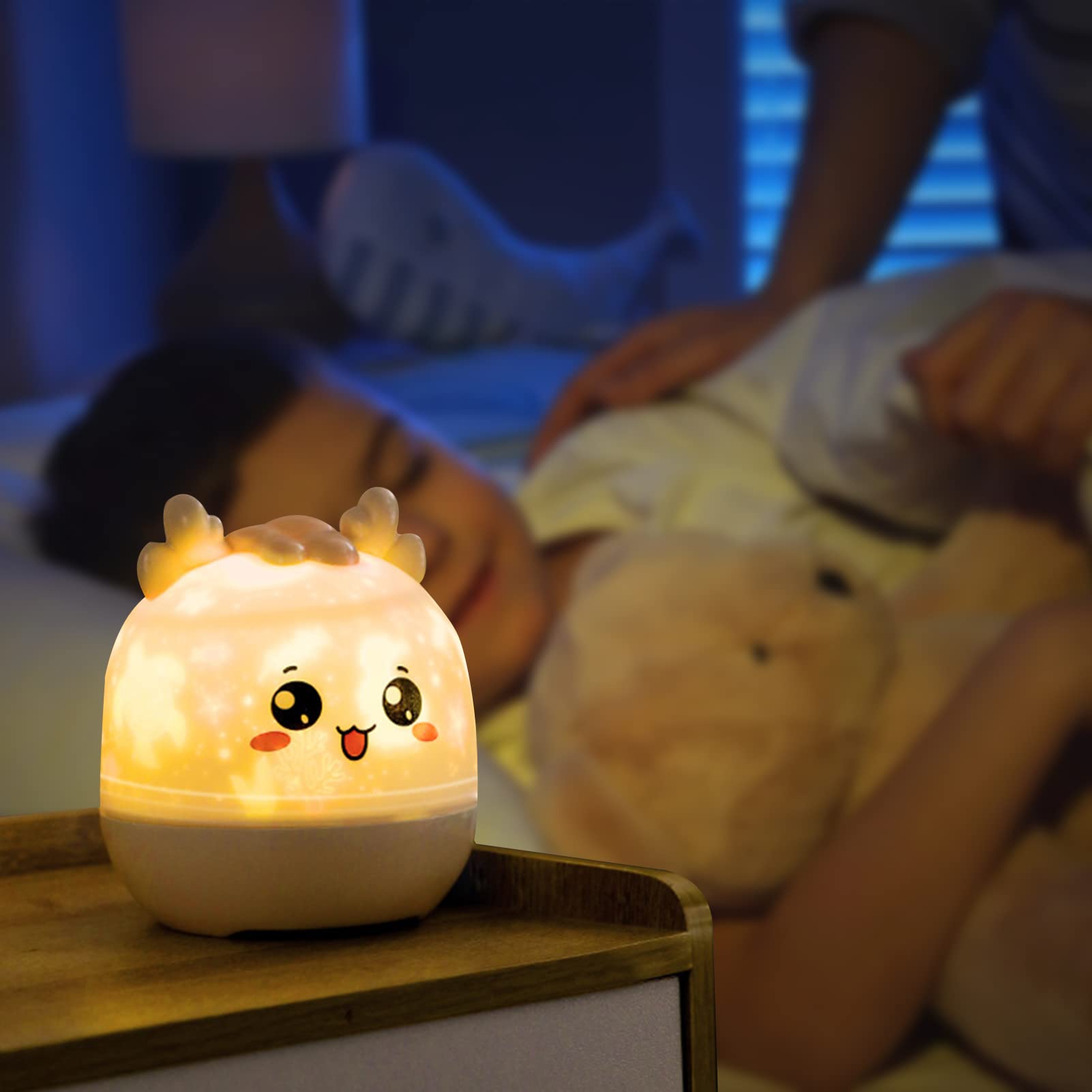 Proyector cielo estrellado luz nocturna infantil recargable con música y brillo ajustable a distancia lámpara giratoria 7 modos para decoración de dormitorio