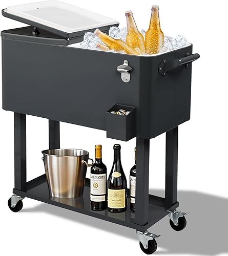 Outvita Baúl de hielo rodante de 80 cuartos de galón, enfriador de bebidas portátil con lavabo, bandeja de almacenamiento inferior y abridor de