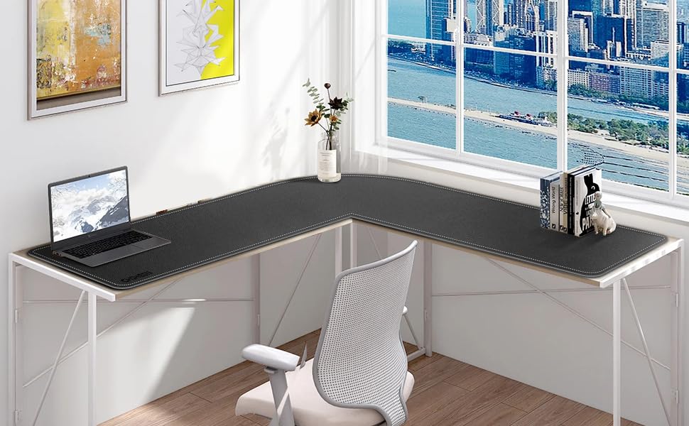 Image of Chihein Leather Desk Mat L Shaped 61 inch x 80.7 inch x 23.6 inch - Big Gaming Corner Desk Pad, Non-Slip Waterproof Surface, Easy to Clean, Perfect for Office, Home (Black)